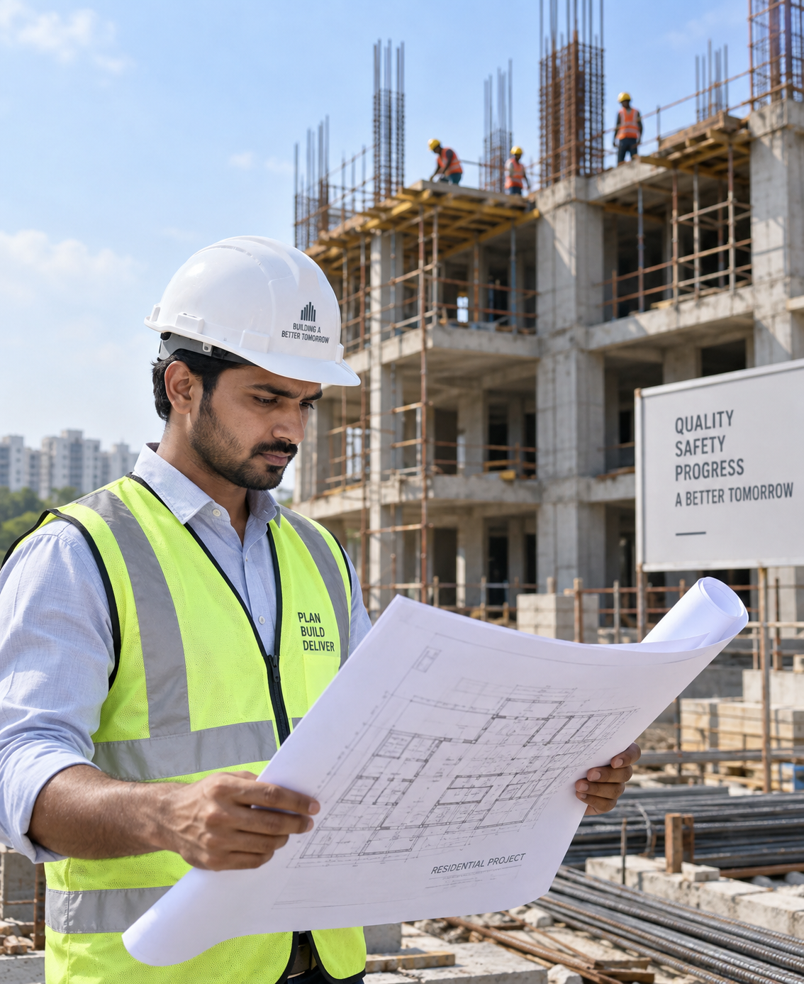 AA Builders site engineer reviewing drawings on site