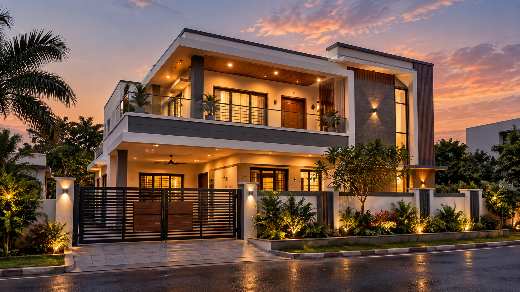 A completed AA Builders residential tower at dusk