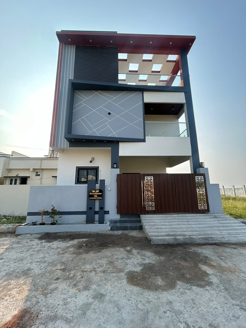 Completed independent house, white and grey elevation