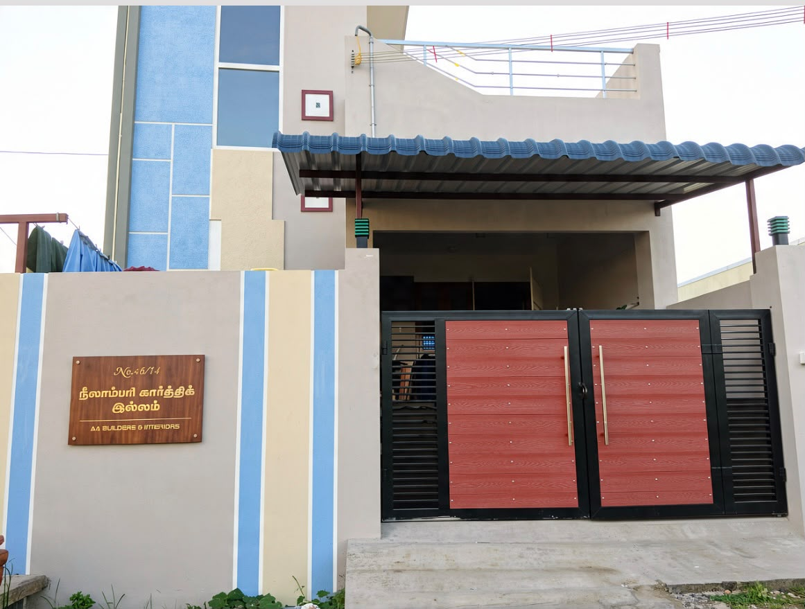 Three-storey home elevation with landscaped garden