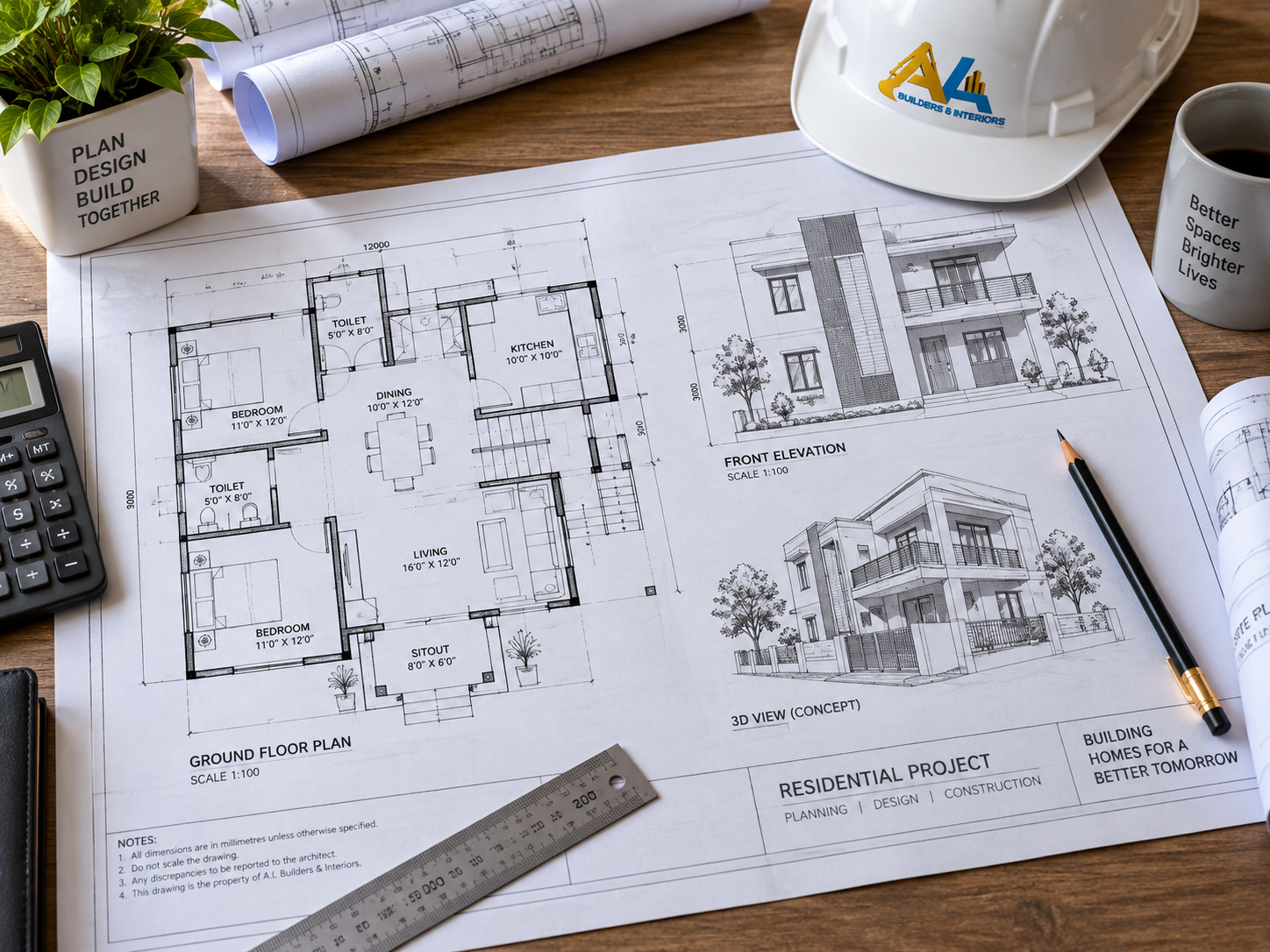 Architectural floor plan on a drafting table